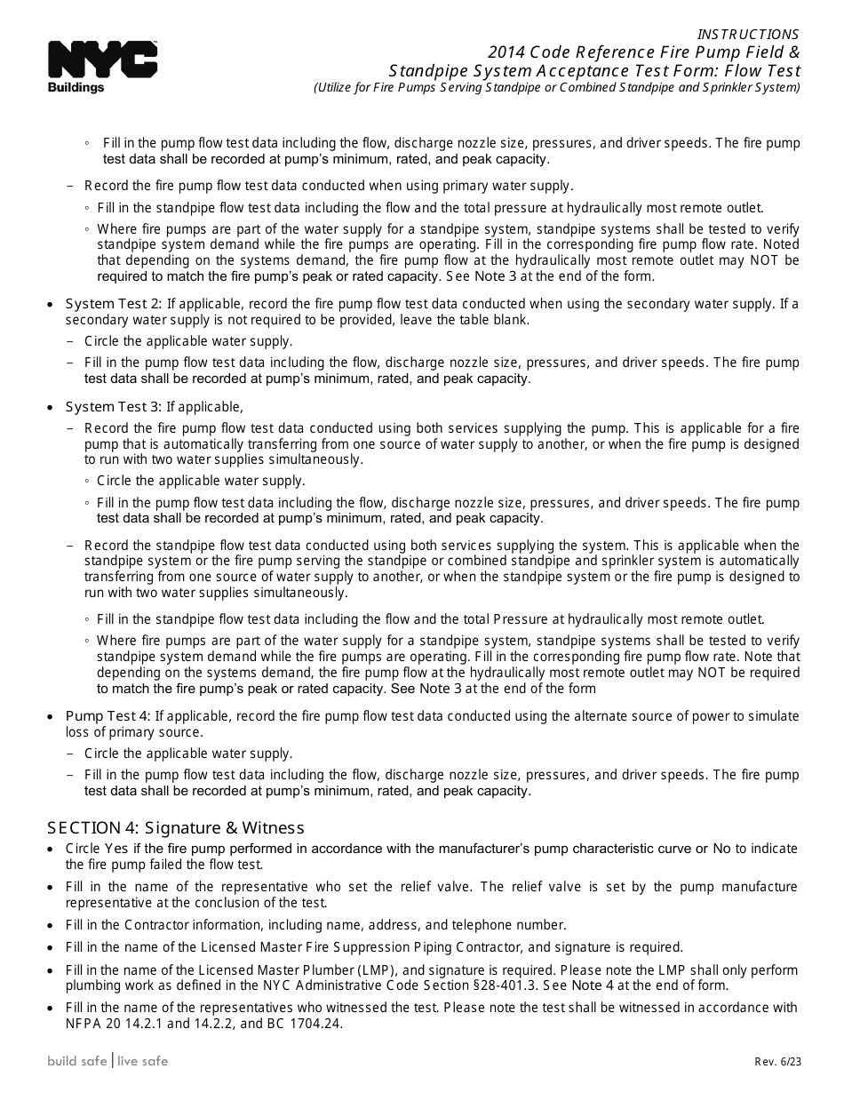 Instructions for Fire Pump Field  Standpipe System Acceptance Test Form: Flow Test - New York City, Page 2
