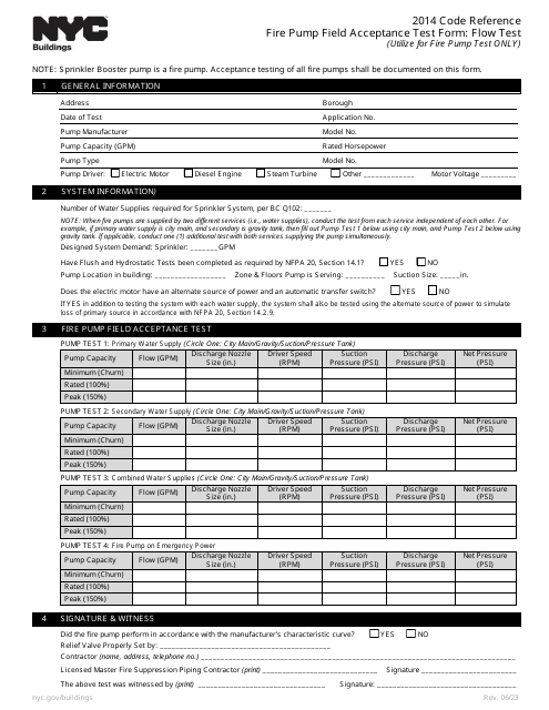Fire Pump Field Acceptance Test Form: Flow Test - New York City Download Pdf