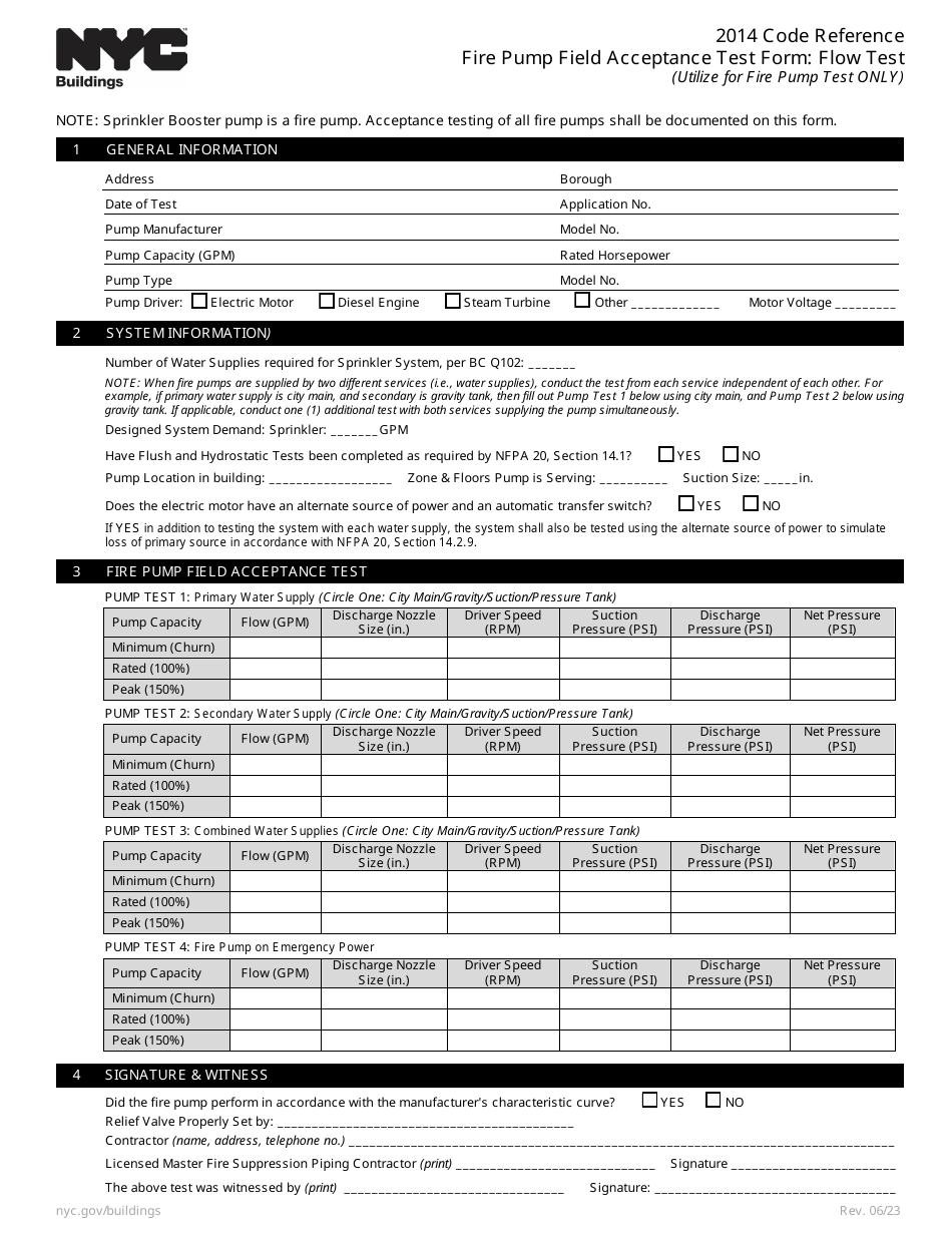Fire Pump Field Acceptance Test Form: Flow Test - New York City, Page 1