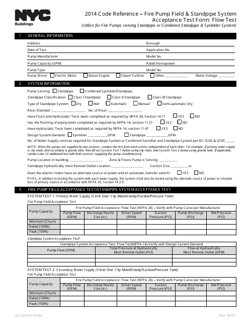 Fire Pump Field & Standpipe System Acceptance Test Form: Flow Test - New York City