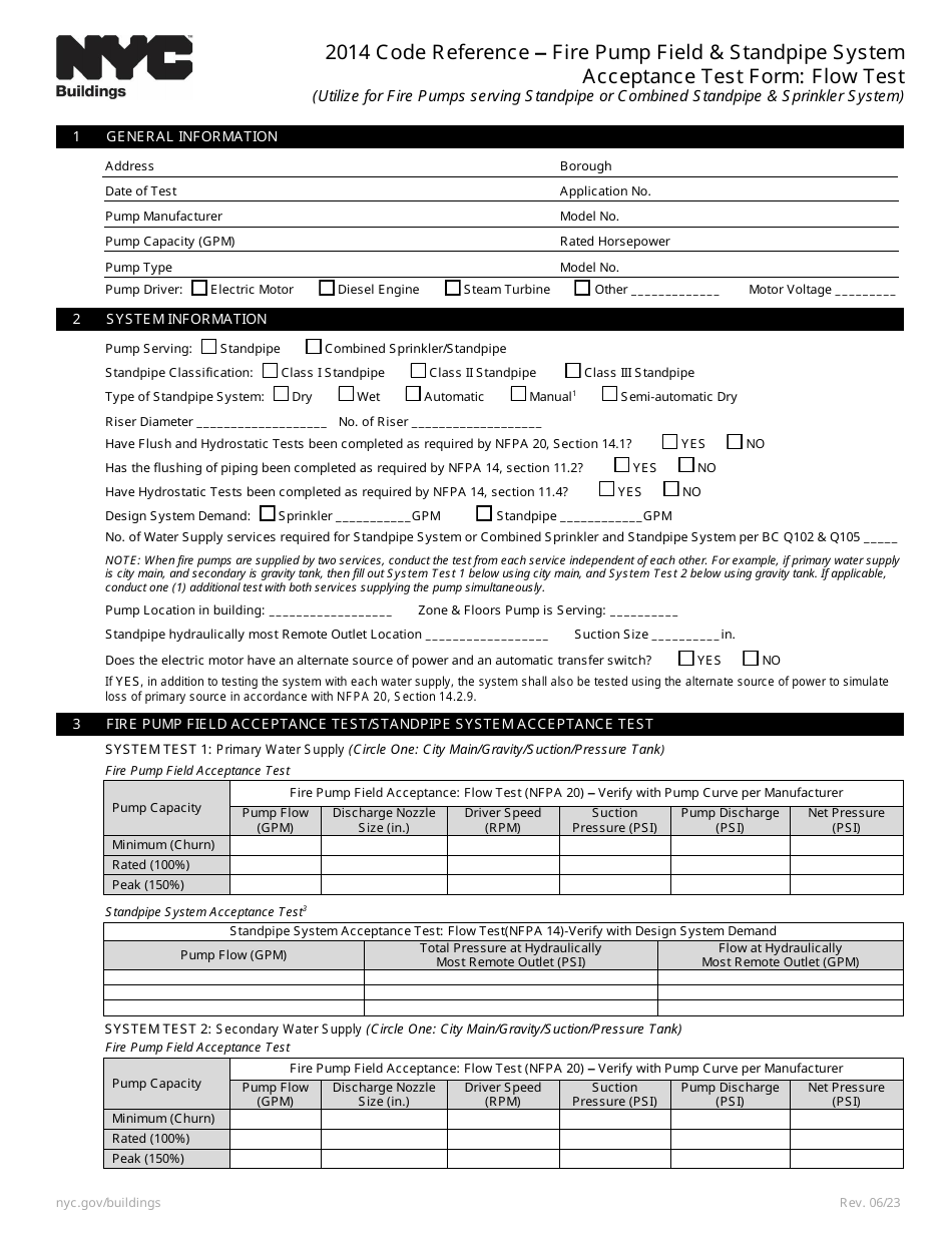 Fire Pump Field  Standpipe System Acceptance Test Form: Flow Test - New York City, Page 1