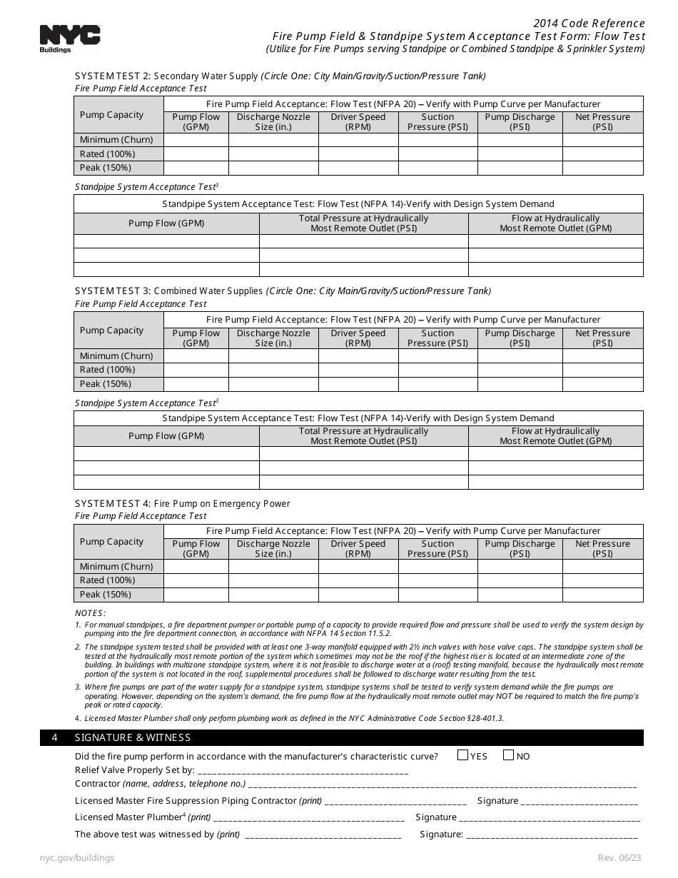 Fire Pump Field  Standpipe System Acceptance Test Form: Flow Test - New York City, Page 2