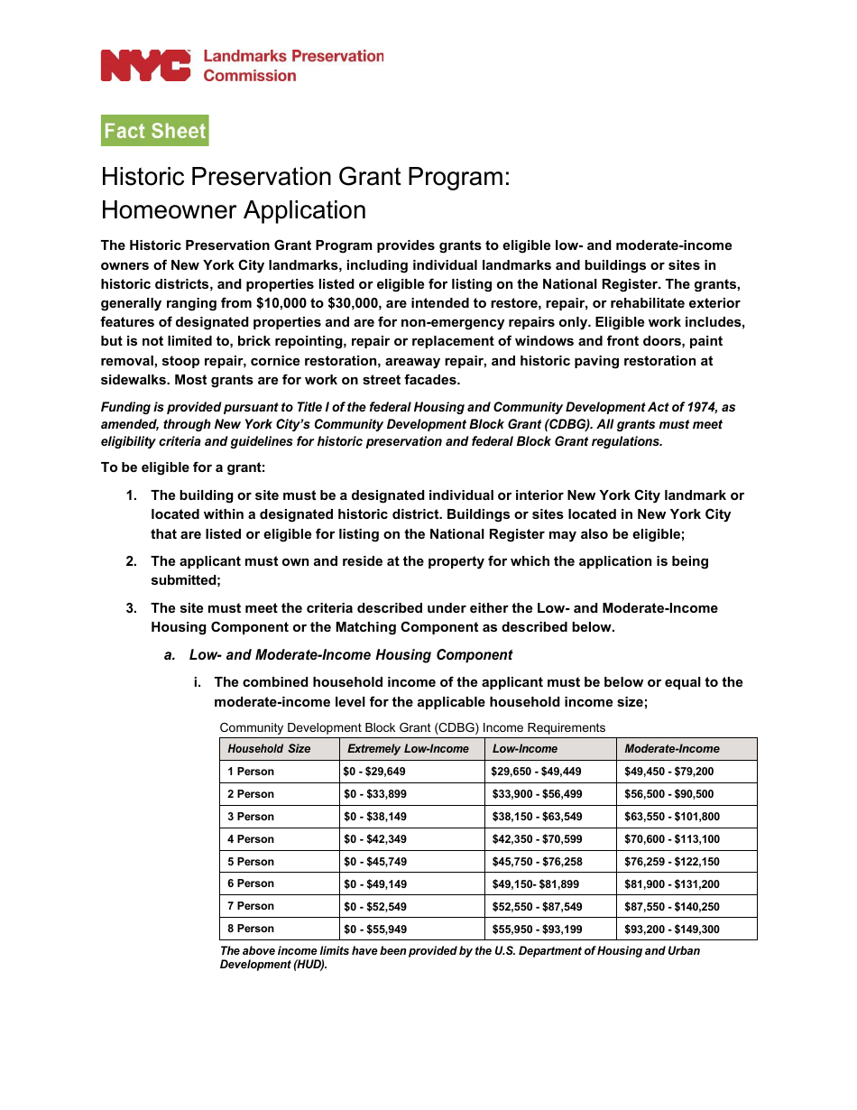 Homeowner Application Form - Historic Preservation Grant Program - New York City, Page 1