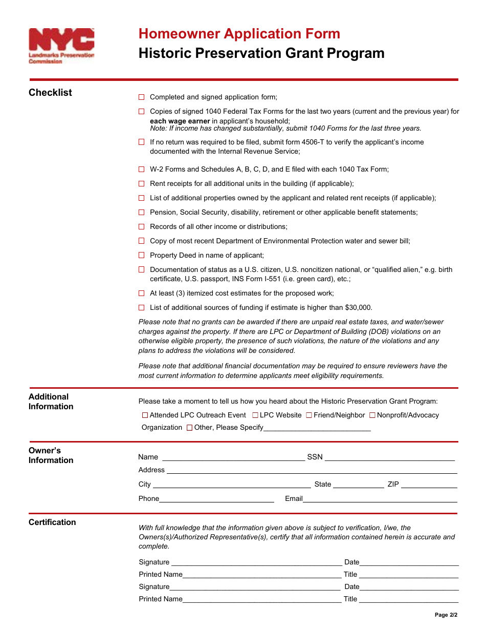 Homeowner Application Form - Historic Preservation Grant Program - New York City, Page 5