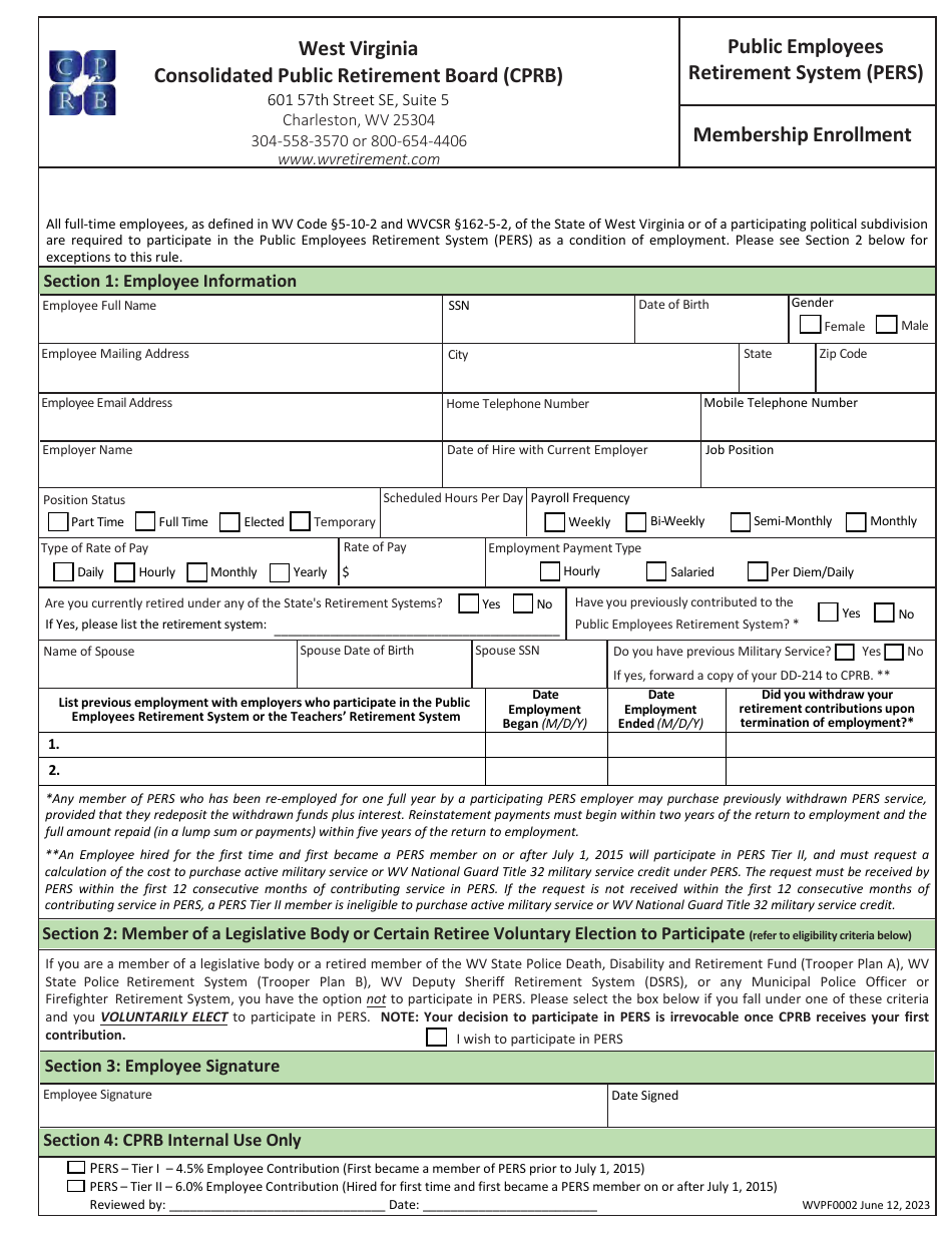 Form WVPF0002 Membership Enrollment - Public Employees Retirement System (Pers) - West Virginia, Page 1