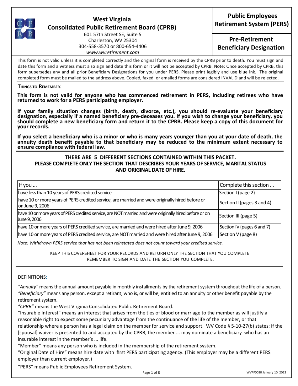 Form WVPF0080 Pre-retirement Beneficiary Designation - West Virginia, Page 1