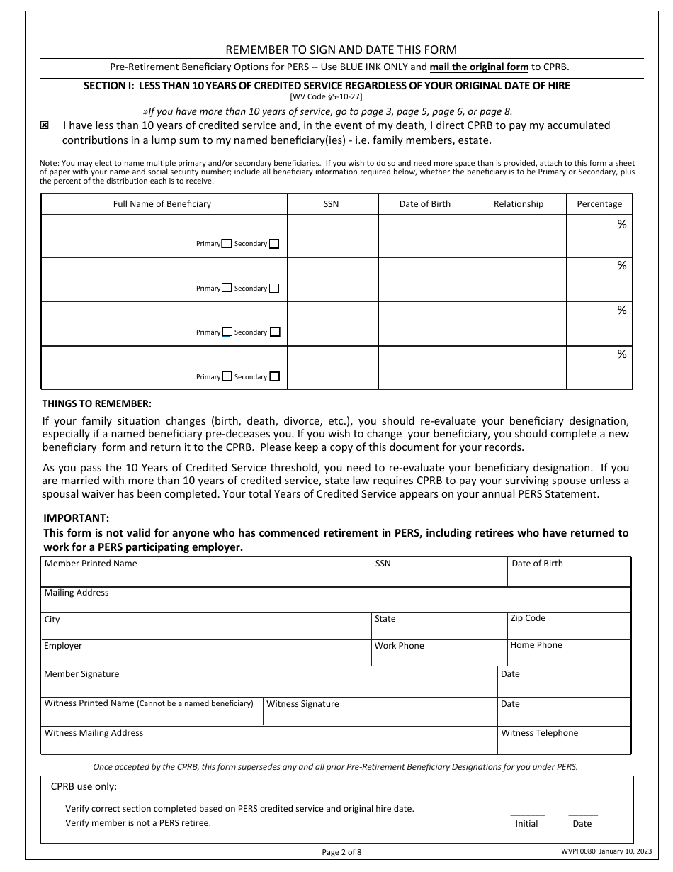 Form WVPF0080 Pre-retirement Beneficiary Designation - West Virginia, Page 2