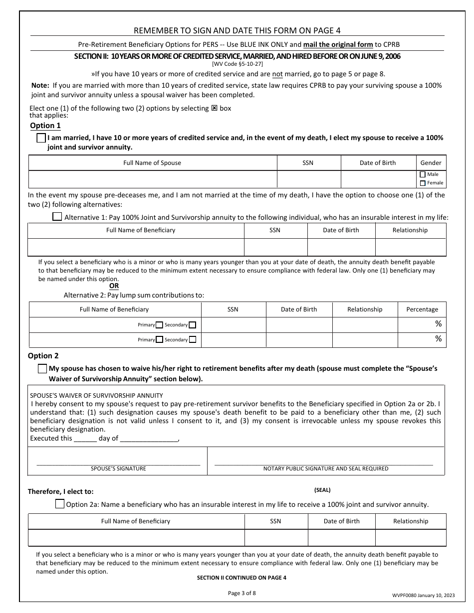 Form WVPF0080 Pre-retirement Beneficiary Designation - West Virginia, Page 3