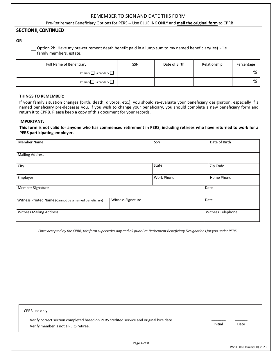Form WVPF0080 Pre-retirement Beneficiary Designation - West Virginia, Page 4