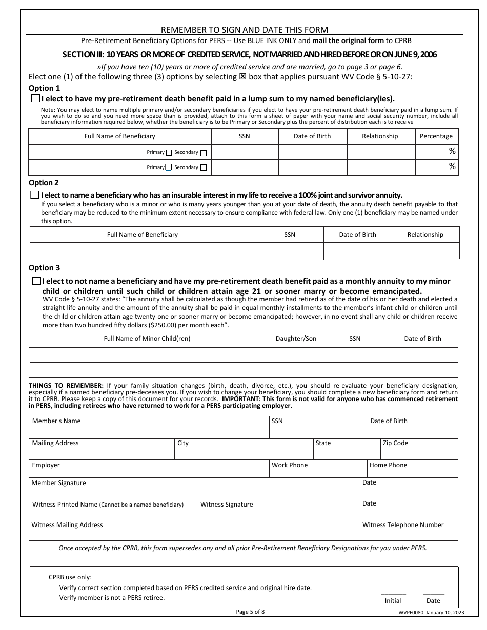 Form WVPF0080 Pre-retirement Beneficiary Designation - West Virginia, Page 5