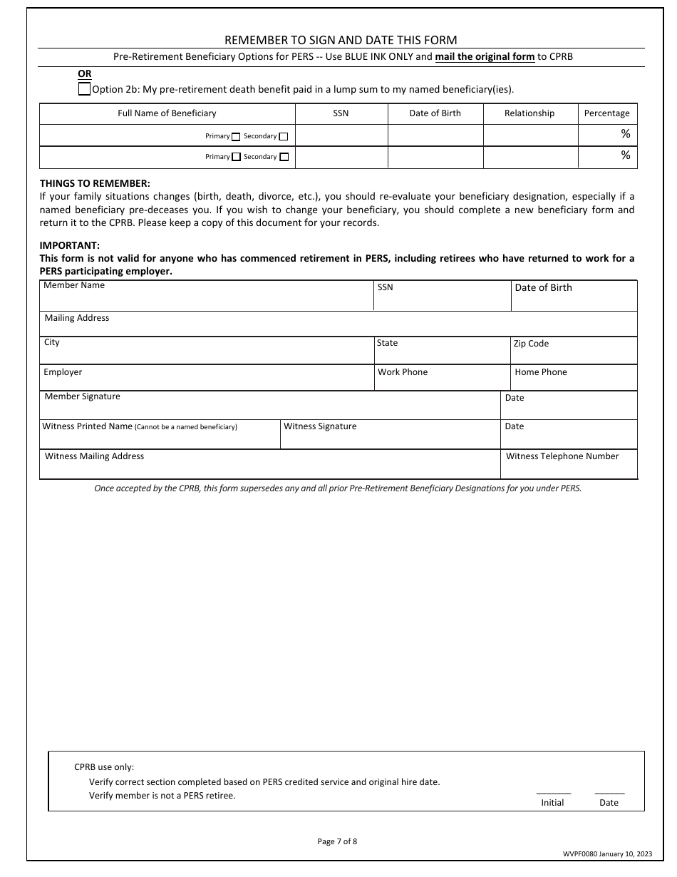 Form WVPF0080 Pre-retirement Beneficiary Designation - West Virginia, Page 7