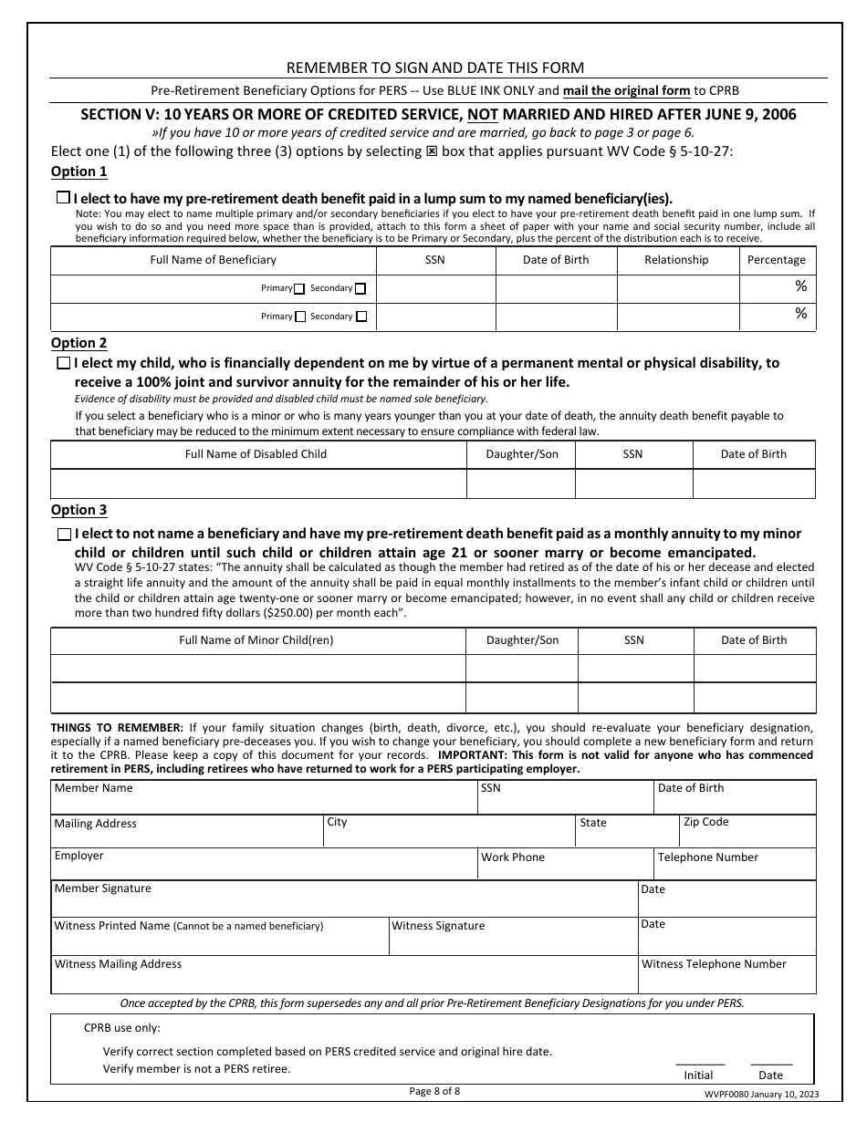 Form WVPF0080 Pre-retirement Beneficiary Designation - West Virginia, Page 8