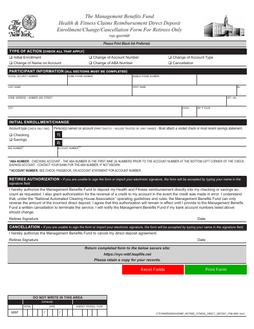Management Benefits Fund Health & Fitness Claims Reimbursement Direct Deposit Enrollment / Change / Cancellation Form for Retirees Only - New York City Download Pdf
