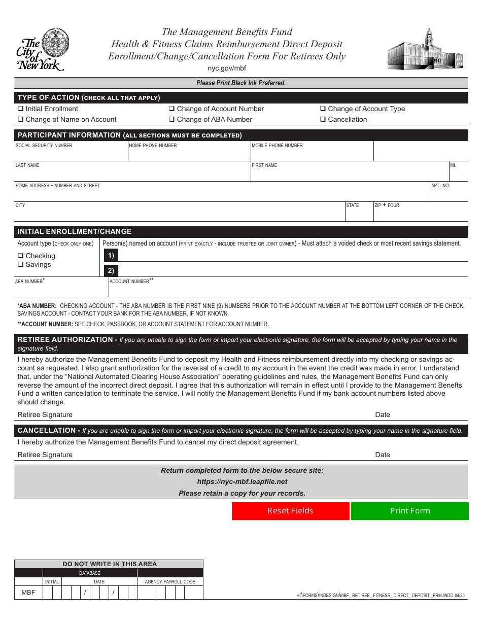 Management Benefits Fund Health  Fitness Claims Reimbursement Direct Deposit Enrollment / Change / Cancellation Form for Retirees Only - New York City, Page 1