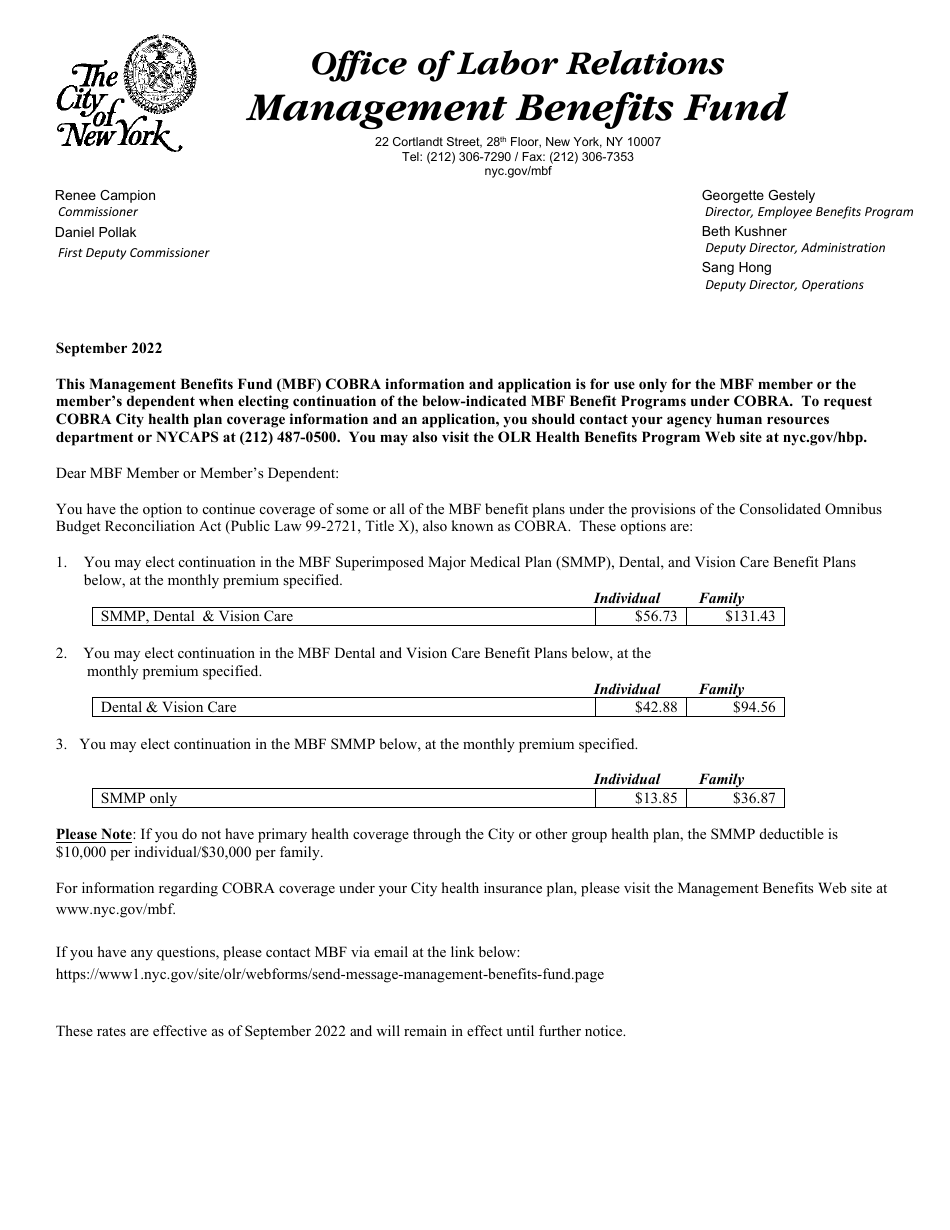 Consolidated Omnibus Budget Reconciliation Act (Cobra) Application for Continuation of the Superimposed Major Medical Plan (Smmp) and / or Dental and Vision Care Benefit Programs - New York City, Page 1