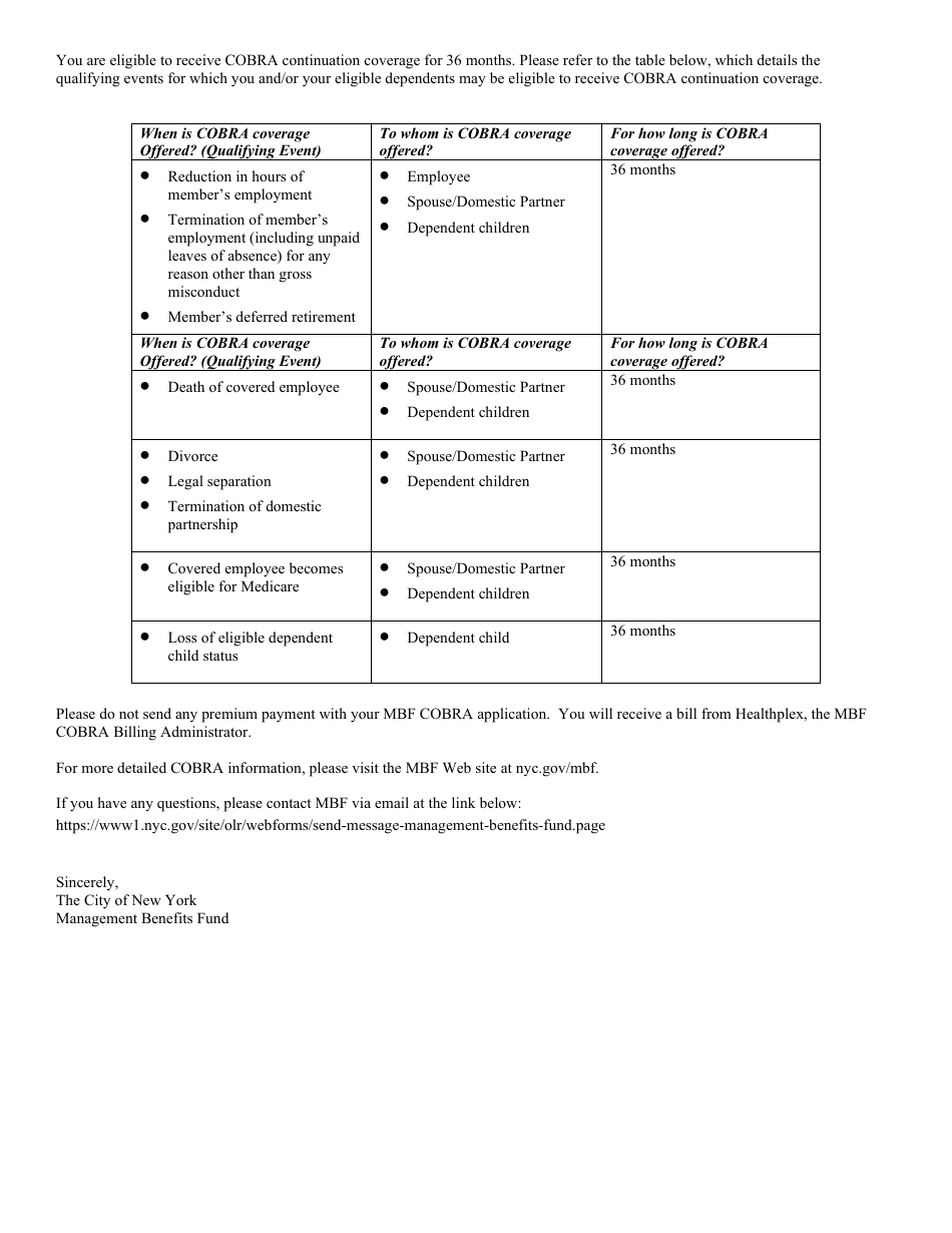 Consolidated Omnibus Budget Reconciliation Act (Cobra) Application for Continuation of the Superimposed Major Medical Plan (Smmp) and / or Dental and Vision Care Benefit Programs - New York City, Page 2