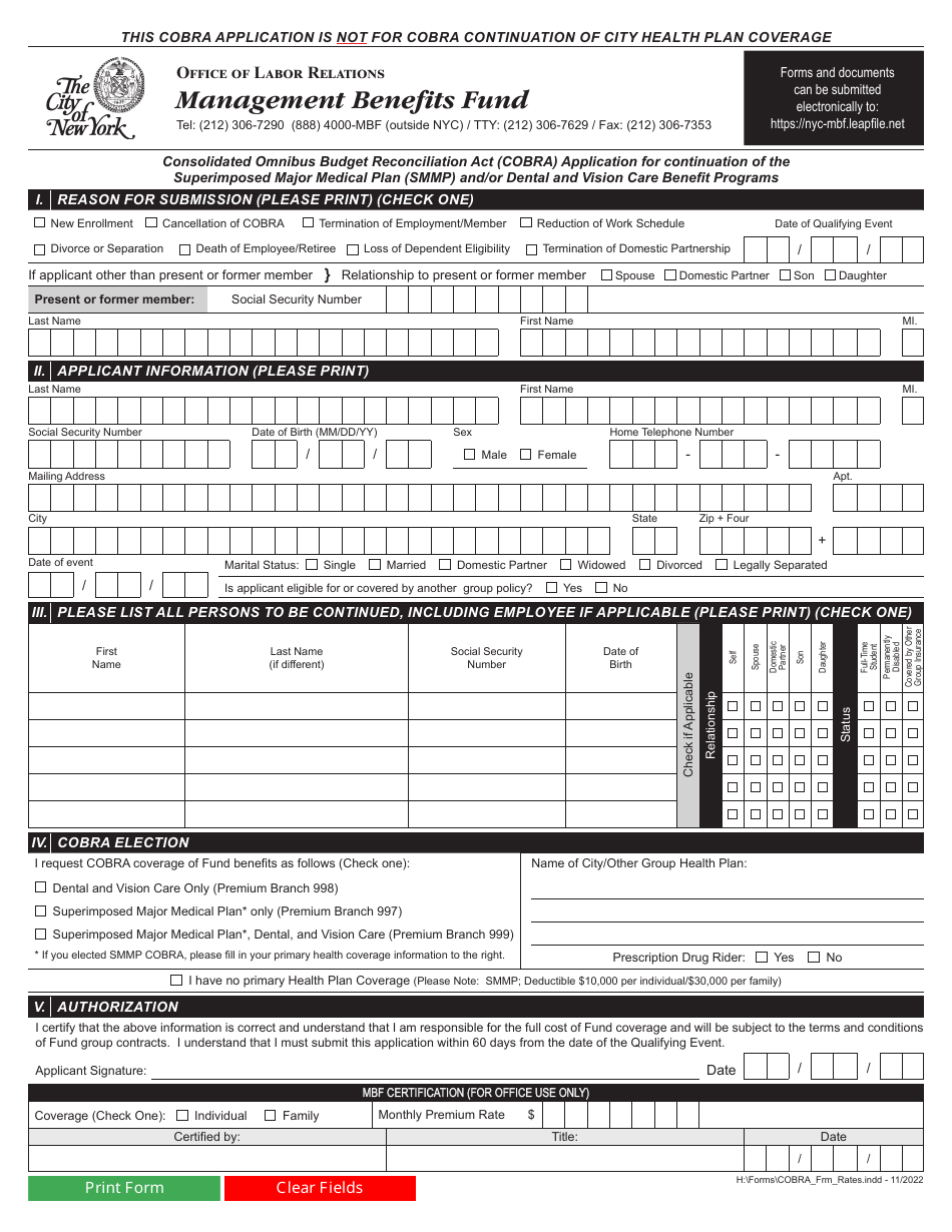 Consolidated Omnibus Budget Reconciliation Act (Cobra) Application for Continuation of the Superimposed Major Medical Plan (Smmp) and / or Dental and Vision Care Benefit Programs - New York City, Page 3