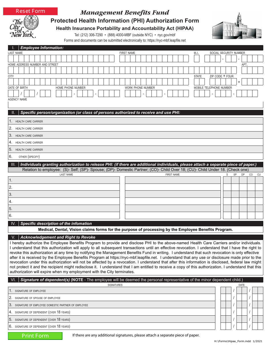 Management Benefits Fund Protected Health Information (Phi) Authorization Form - New York City, Page 1