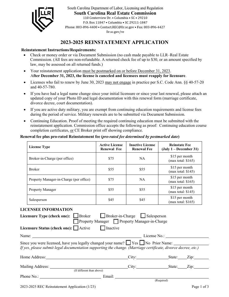 Rec Reinstatement Application - South Carolina, Page 1