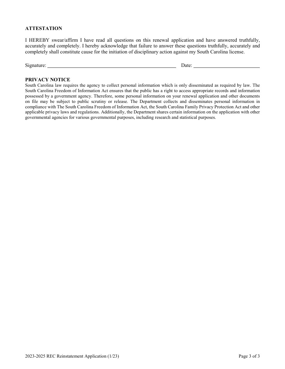 Rec Reinstatement Application - South Carolina, Page 3