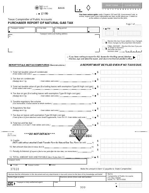 Form 10-157 Purchaser Report of Natural Gas Tax - Texas