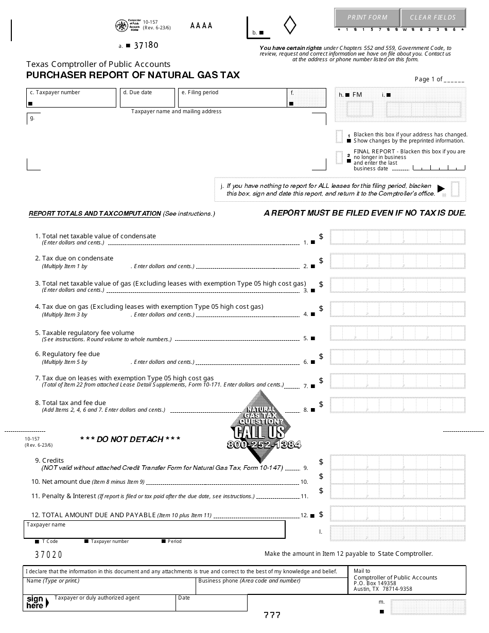 Form 10-157 Purchaser Report of Natural Gas Tax - Texas, Page 1