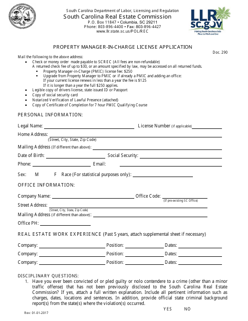 Form DOC.290 Property Manager-In-charge License Application - South Carolina