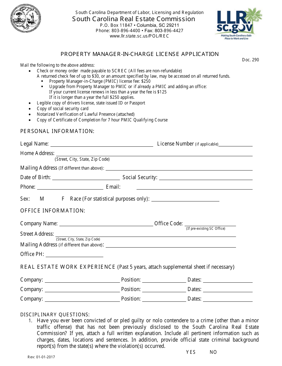 Form DOC.290 Property Manager-In-charge License Application - South Carolina, Page 1