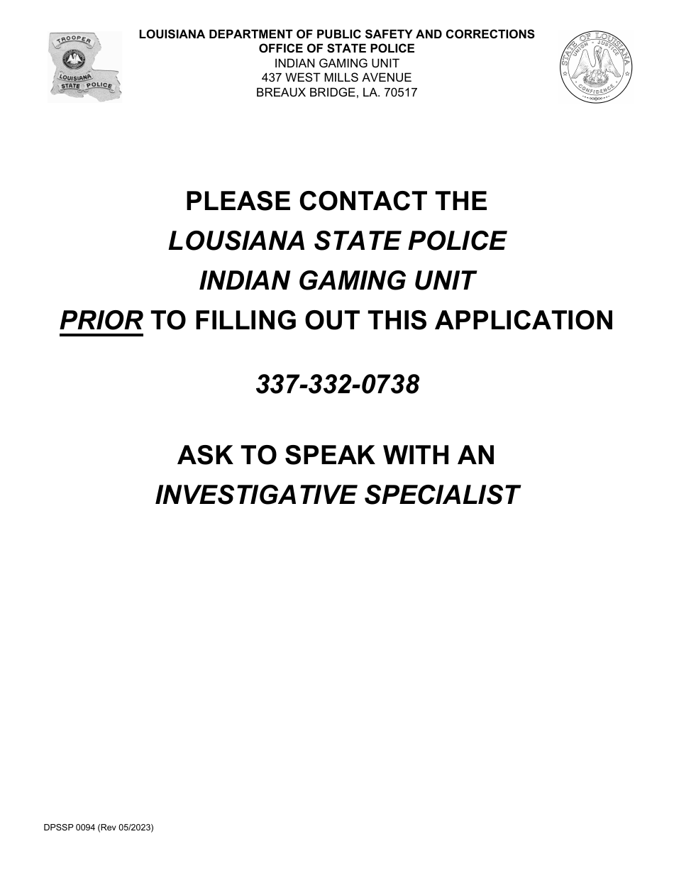 Form DPSSP0094 Part A Corporate Certification Application - Gaming and Non-gaming Suppliers - Louisiana, Page 1