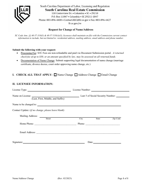 Request for Change of Name / Address - South Carolina Download Pdf
