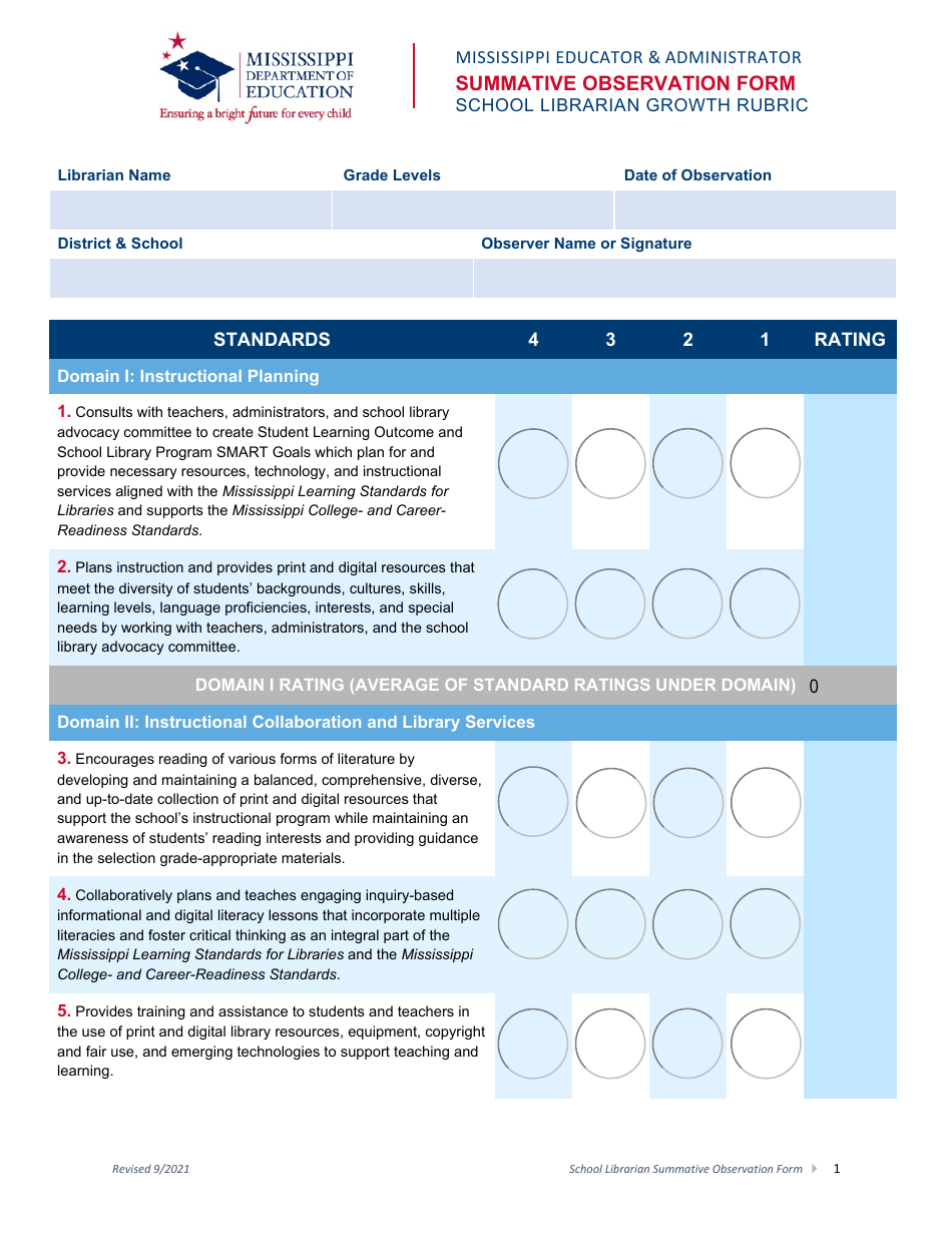 School Librarian Summative Observation Form - Mississippi, Page 1