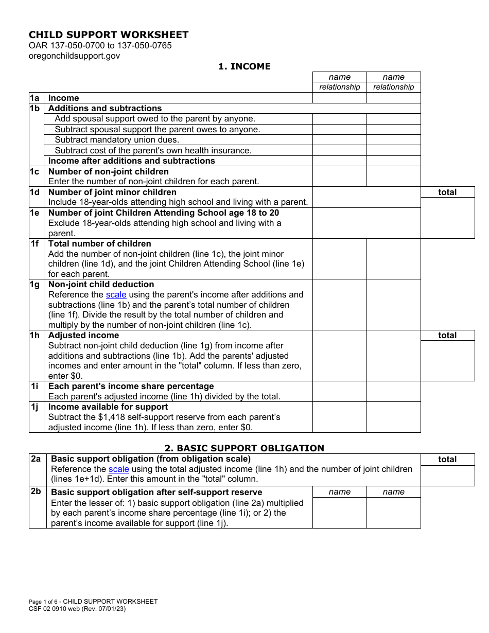 Form CFS02 0910 Child Support Worksheet - Oregon, Page 1