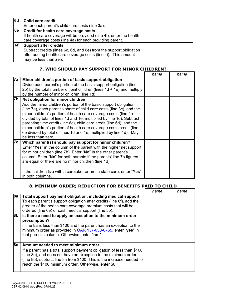 Form CFS02 0910 Child Support Worksheet - Oregon, Page 4