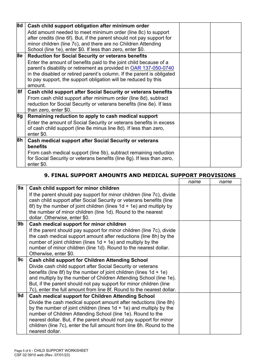Form CFS02 0910 Child Support Worksheet - Oregon, Page 5
