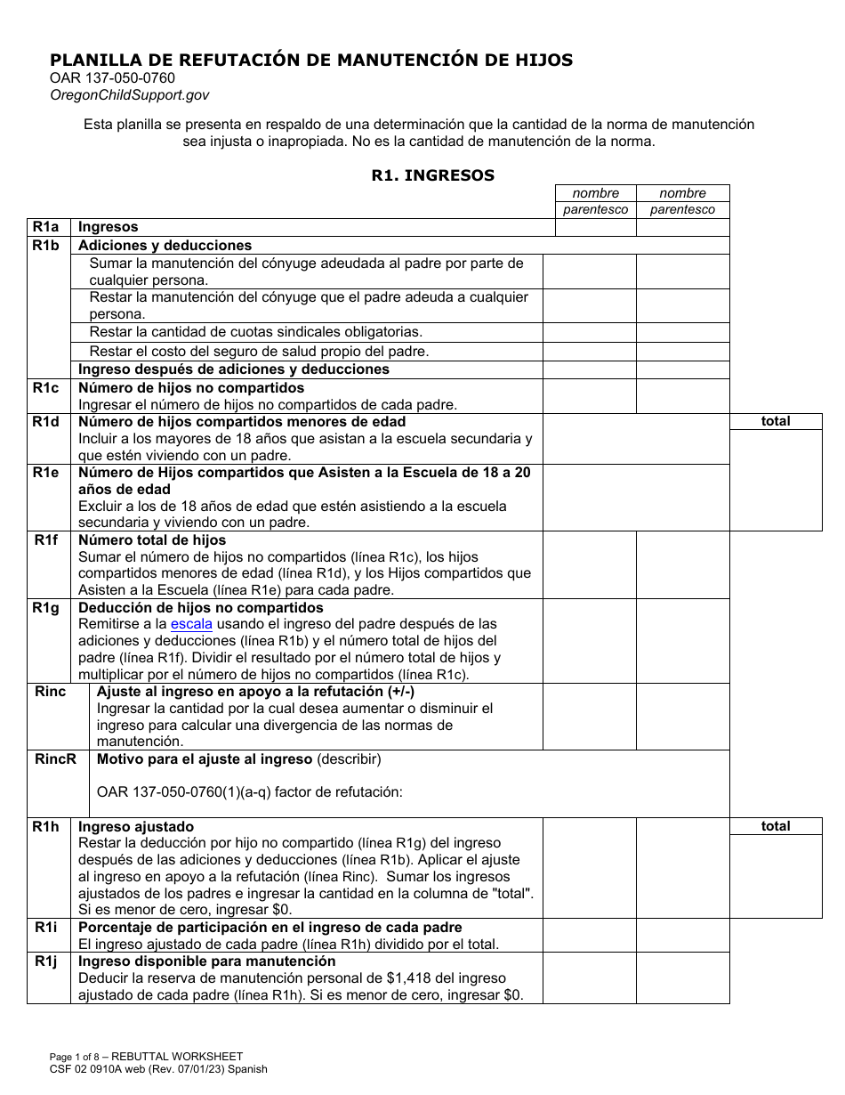 Formulario CFS02 0910A Planilla De Refutacion De Manutencion De Hijos - Oregon (Spanish), Page 1