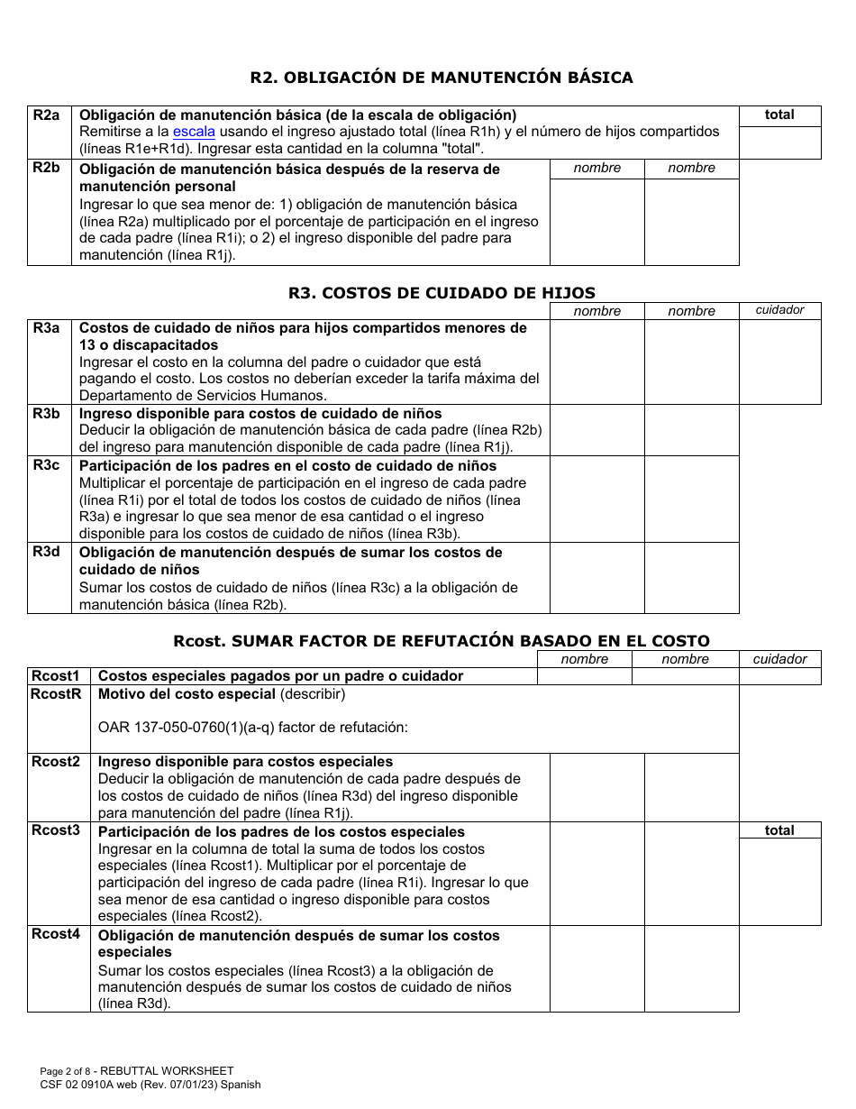 Formulario CFS02 0910A Planilla De Refutacion De Manutencion De Hijos - Oregon (Spanish), Page 2