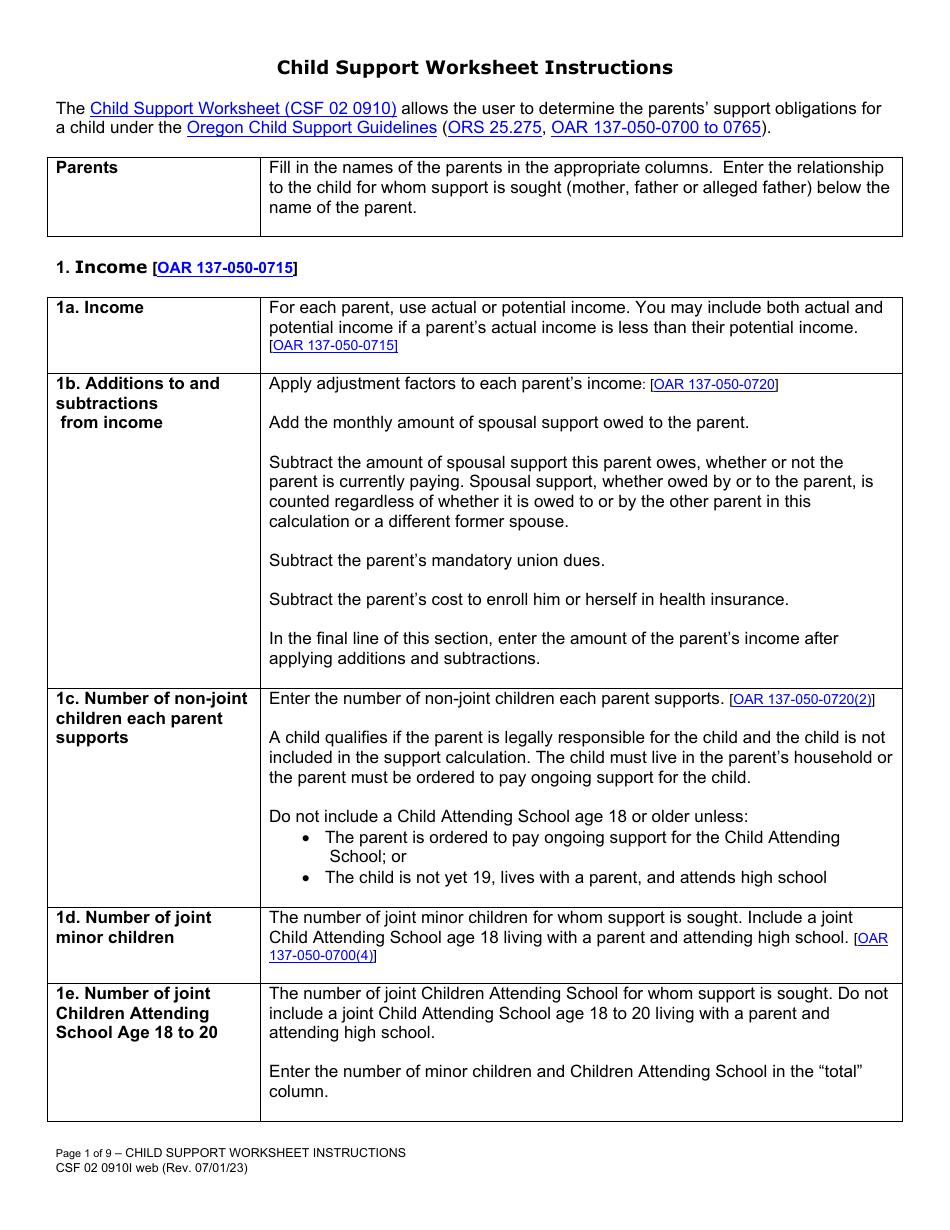 Instructions for Form CFS02 0910 Child Support Worksheet - Oregon, Page 1