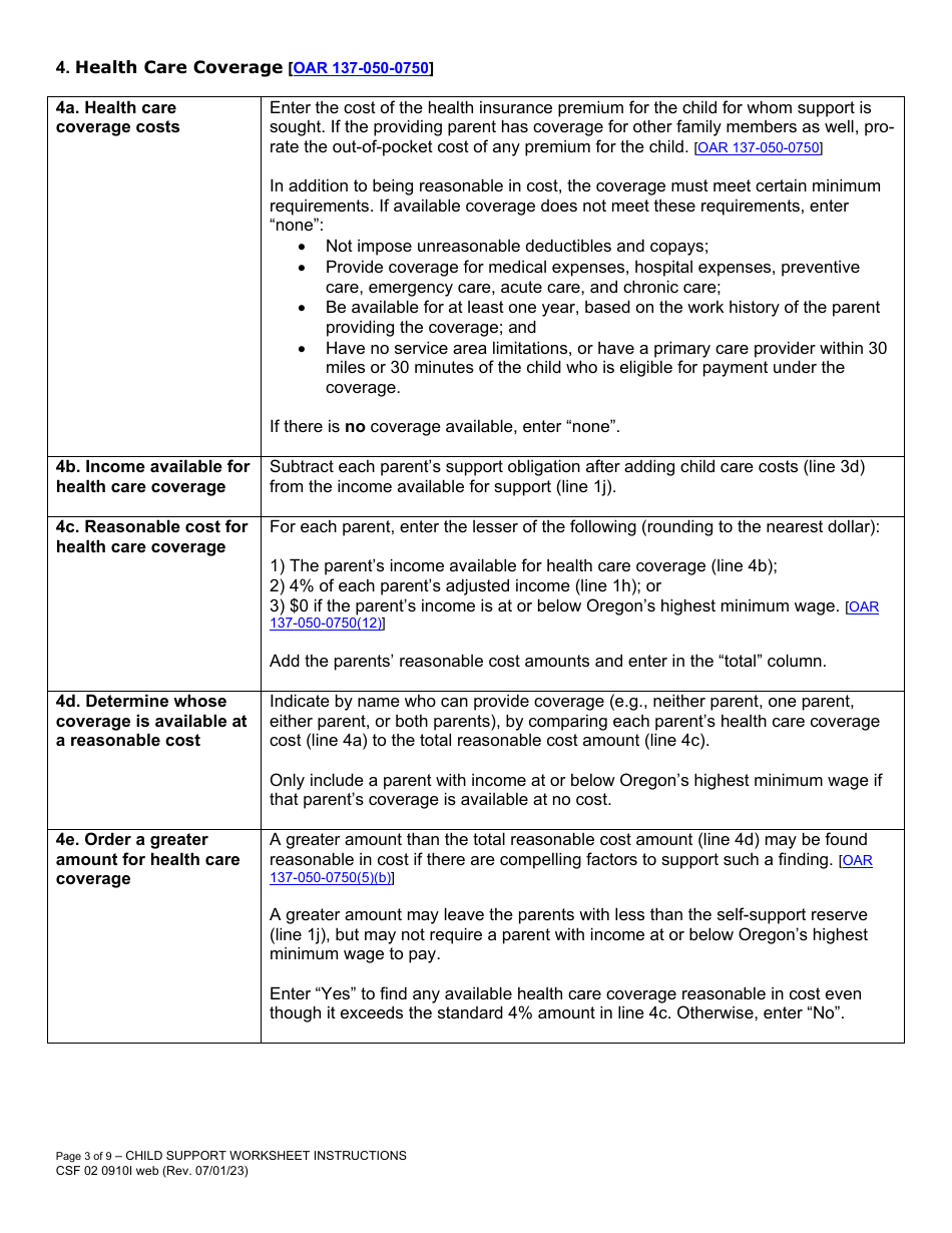 Instructions for Form CFS02 0910 Child Support Worksheet - Oregon, Page 3