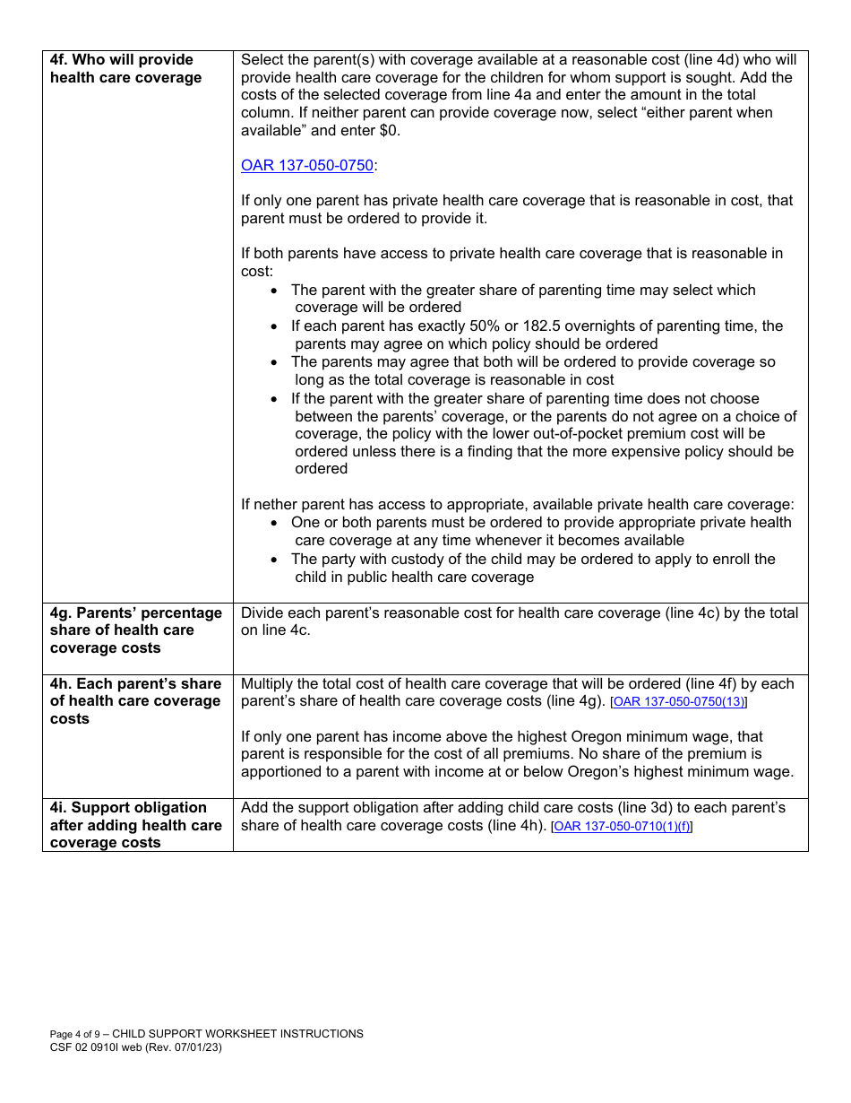 Instructions for Form CFS02 0910 Child Support Worksheet - Oregon, Page 4