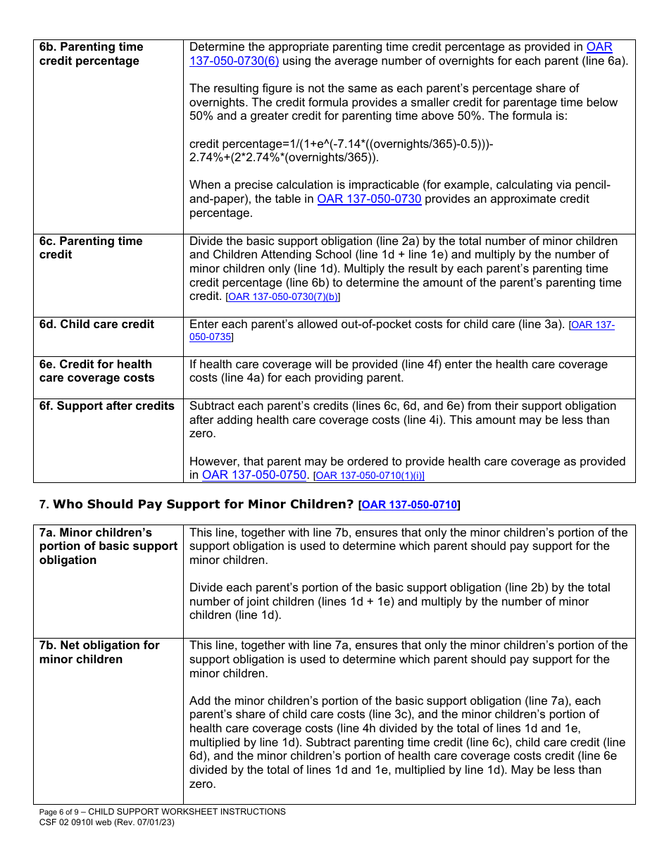 Instructions for Form CFS02 0910 Child Support Worksheet - Oregon, Page 6
