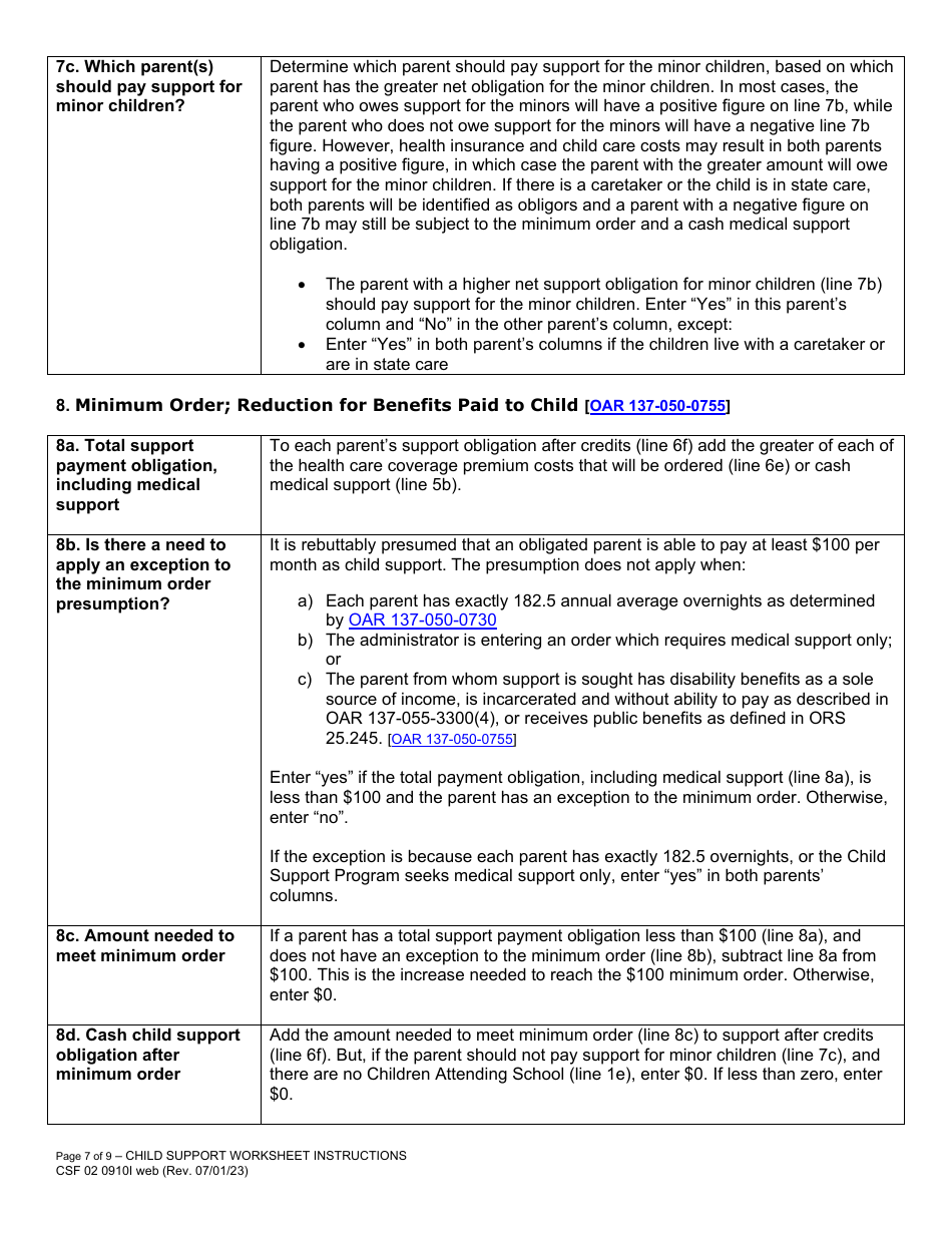 Instructions for Form CFS02 0910 Child Support Worksheet - Oregon, Page 7