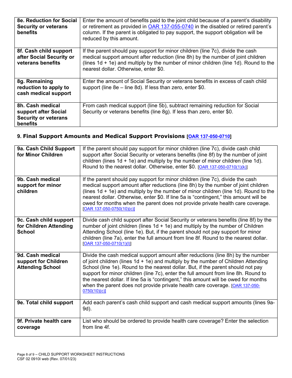 Instructions for Form CFS02 0910 Child Support Worksheet - Oregon, Page 8