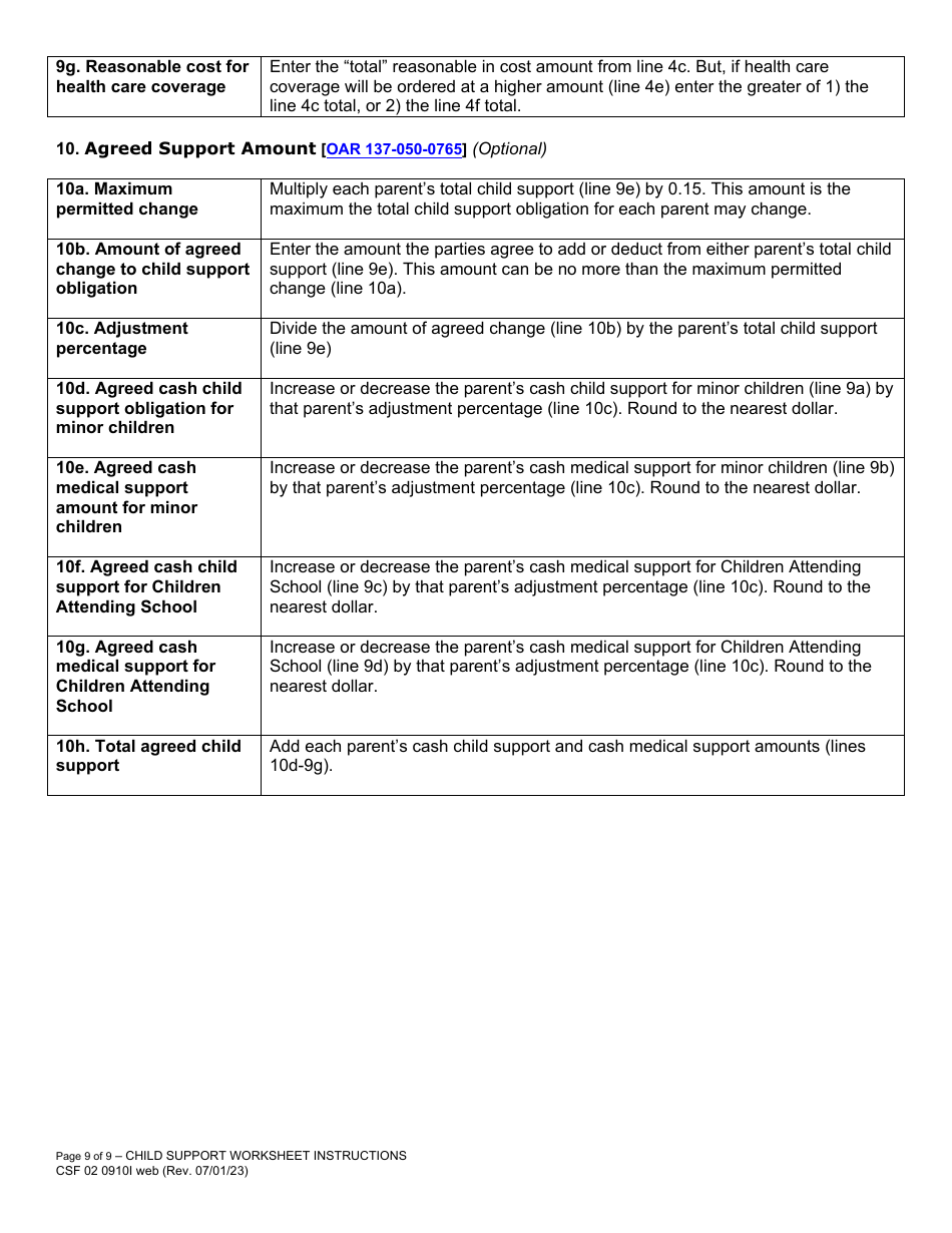 Instructions for Form CFS02 0910 Child Support Worksheet - Oregon, Page 9