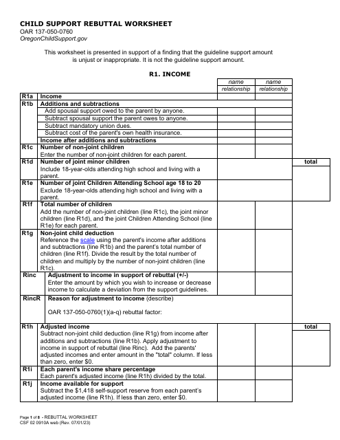 Form CFS02 0910A Child Support Rebuttal Worksheet - Oregon