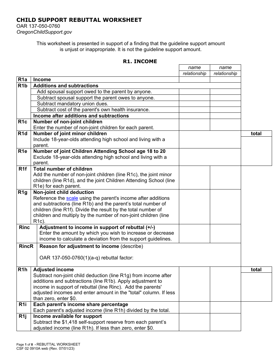 Form CFS02 0910A Child Support Rebuttal Worksheet - Oregon, Page 1