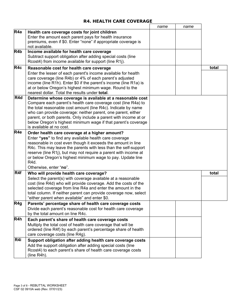Form CFS02 0910A Child Support Rebuttal Worksheet - Oregon, Page 3