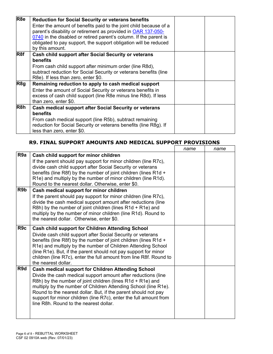 Form CFS02 0910A Child Support Rebuttal Worksheet - Oregon, Page 6