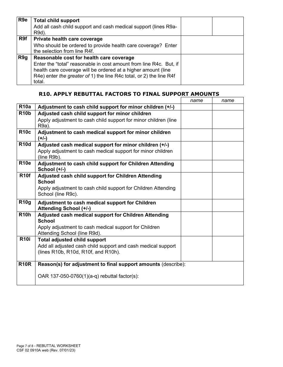 Form CFS02 0910A Child Support Rebuttal Worksheet - Oregon, Page 7