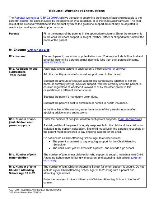 Instructions for Form CFS02 0910A Child Support Rebuttal Worksheet - Oregon