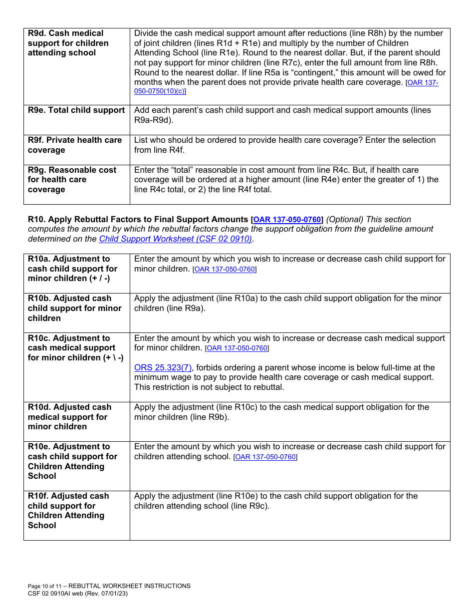 Instructions for Form CFS02 0910A Child Support Rebuttal Worksheet - Oregon, Page 10